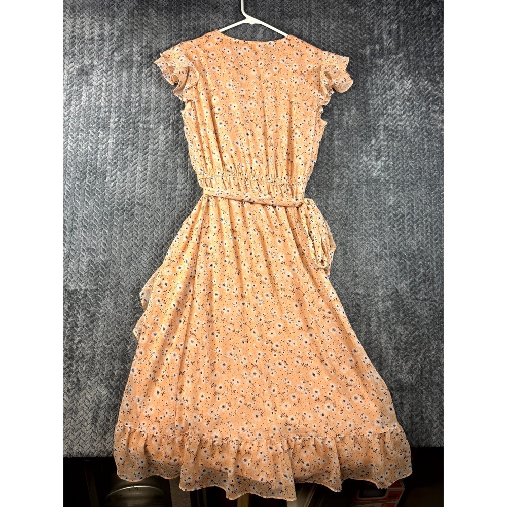 LC Lauren Conrad Wrap Midi Dress Women Small Peach Floral Flutter Sleeve Classic - Picture 2 of 8
